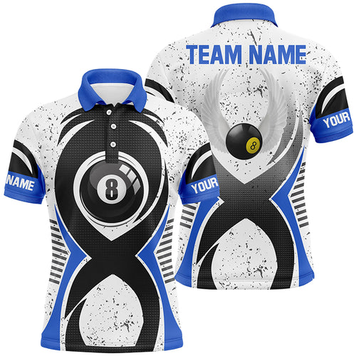 Personalized 8 Ball Pool Blue White Grunge Billiard Polo Shirts For Men, Custom Billiards Jerseys VHM0469
