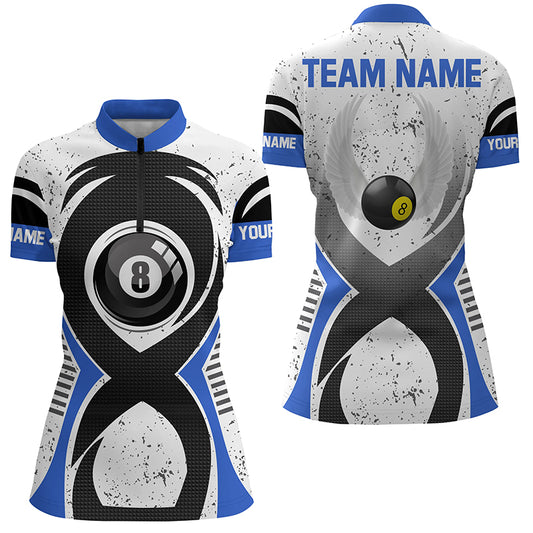 Personalized 8 Ball Pool Blue White Grunge Billiard Quarter-Zip Shirts For Women, Billiards Jerseys VHM0469