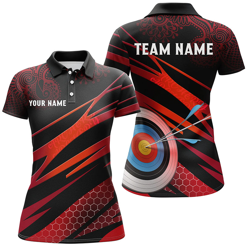 Personalized Red Black 3D Target Archery Polo Shirts For Women, Custom Tribal Pattern Archery Shirts VHM0678