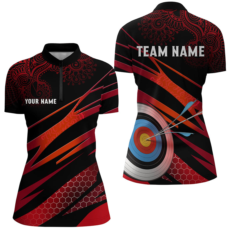 Personalized Red Black 3D Target Archery Quarter-Zip Shirts For Women, Tribal Pattern Archery Shirts VHM0678