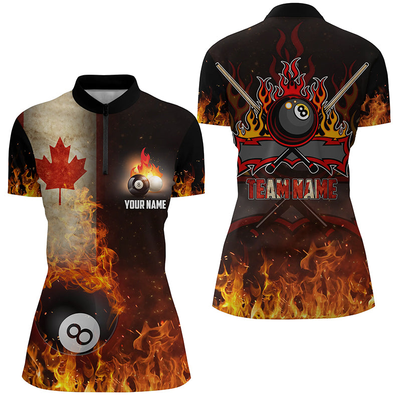 Personalized Customized Canadian Flag 8 Ball Pool On Fire 3D Billiard Quarter-Zip Shirts For Women VHM0680