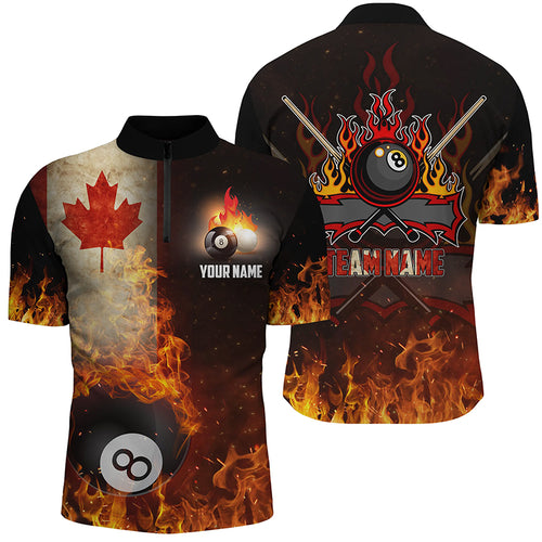 Personalized Customized Canadian Flag 8 Ball Pool On Fire 3D Billiard Quarter-Zip Shirts For Men VHM0680