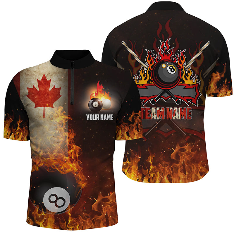 Personalized Customized Canadian Flag 8 Ball Pool On Fire 3D Billiard Quarter-Zip Shirts For Men VHM0680