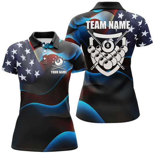 Personalized 3D US Flag 8 Ball Pool Polo Shirts For Men, Custom Name Billiard 8 Ball Team Jerseys VHM0810