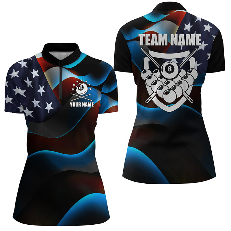 Personalized 3D US Flag 8 Ball Pool Quarter-Zip Shirts For Women, Custom Billiard 8 Ball Team Jerseys VHM0810