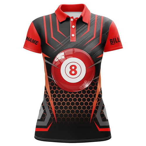 Personalized Black Red 8 Ball Pool Polo Shirts For Women, Custom Name Billiard 8 Ball Jerseys VHM0819