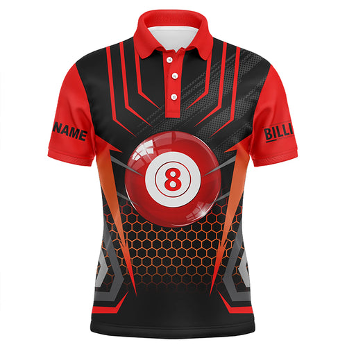 Personalized Black Red 8 Ball Pool Polo Shirts For Men, Custom Name Billiard 8 Ball Jerseys VHM0819