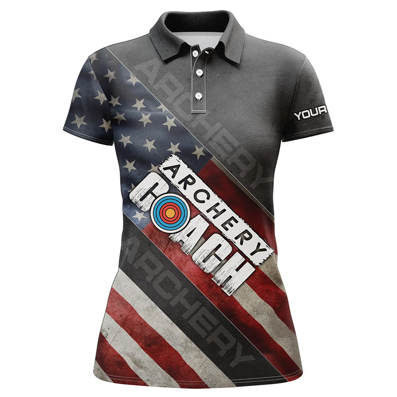 Personalized Retro American Flag Archery Coach Polo Shirts For Women, Custom 3D Target Archery Shirts VHM0822