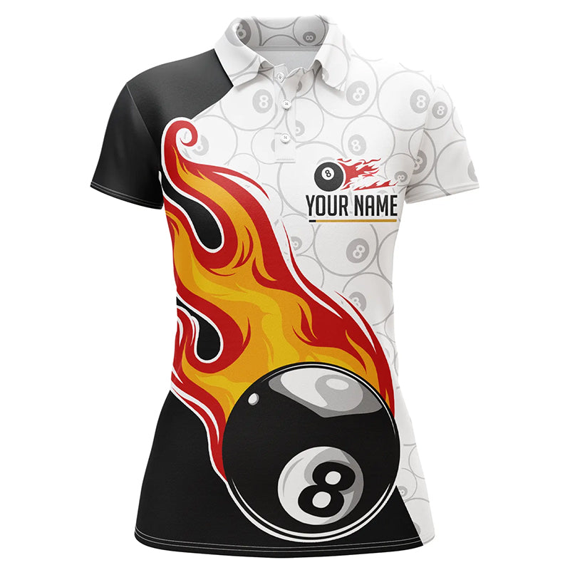 Personalized Billiard 8 Ball Fire Flame Polo Shirts For Women, Custom 8 Ball Pattern Billiard Shirts VHM0070