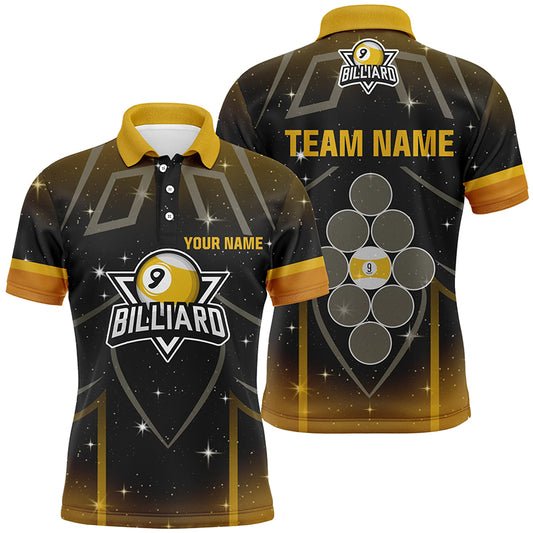 Personalized 9 Ball Pool Yellow Black Billiard 3D Polo Shirts For Men, 9 Ball Billiard Jerseys VHM0497