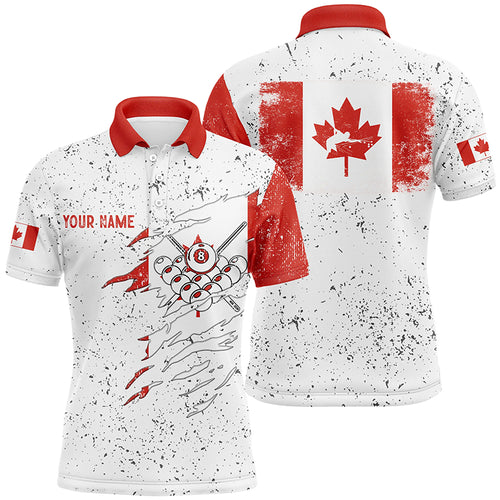 Personalized Canadian Flag Billiard White Grunge Polo Shirts For Men, Custom Billiard Player Shirts VHM0267