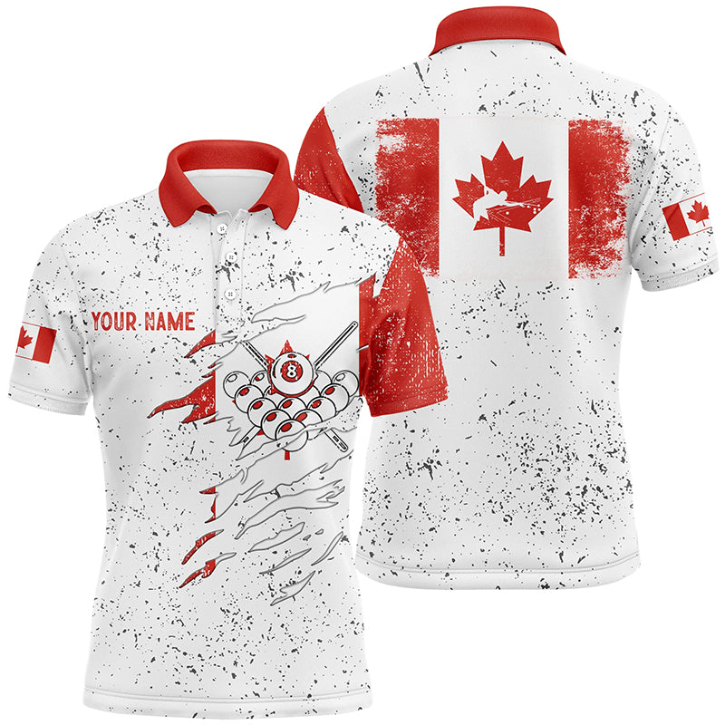 Personalized Canadian Flag Billiard White Grunge Polo Shirts For Men, Custom Billiard Player Shirts VHM0267