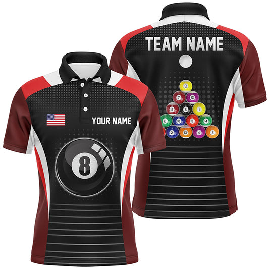 Personalized US Flag 8 Ball Pool Red Black Billiard Polo Shirts For Men, Billiard Balls Jerseys VHM0502