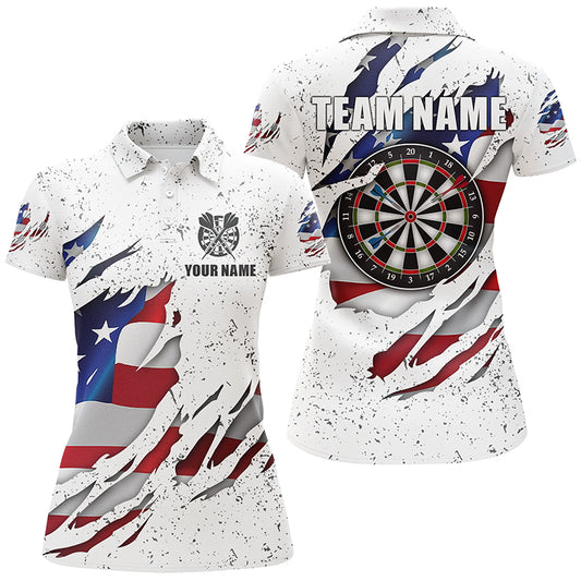 Personalized White Grunge American Flag Darts Polo Shirts Custom Patriotic Dart Jerseys For Women VHM1114
