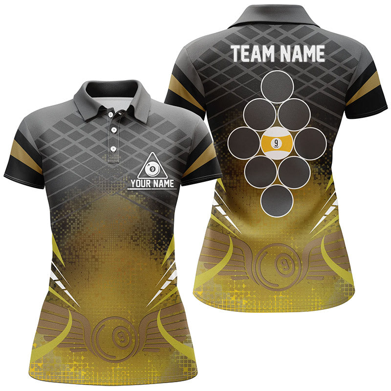 Personalized 9 Ball Pool Billiards Black Yellow 3D Polo Shirts For Women, Billiard Balls Jerseys VHM0507