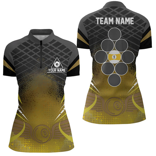 Personalized 9 Ball Pool Billiards Black Yellow Quarter-Zip Shirts For Women, Billiard Balls Jerseys VHM0507