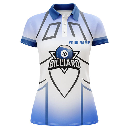 Personalized Blue 10 Ball Billiard 3D Polo Shirts For Women, Custom 10 Ball Pool Billiards Jerseys VHM0961