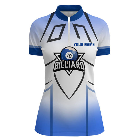 Personalized Blue 10 Ball Billiard 3D Quarter-Zip Shirts For Women, 10 Ball Pool Billiards Jerseys VHM0961