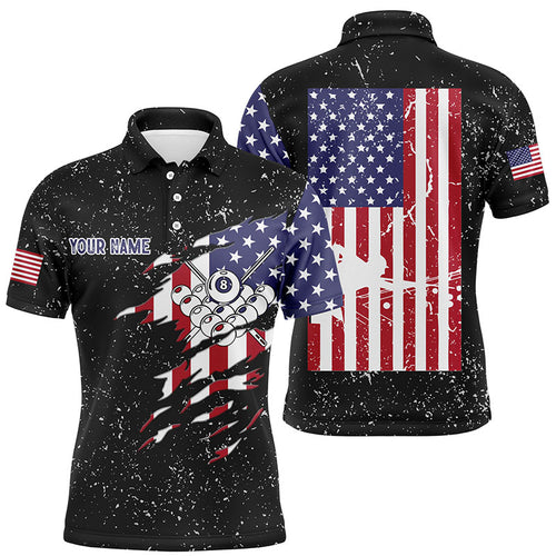 Personalized Billiard Balls US Flag Black Grunge Polo Shirts For Men, Custom Billiard Pool Shirts VHM0093