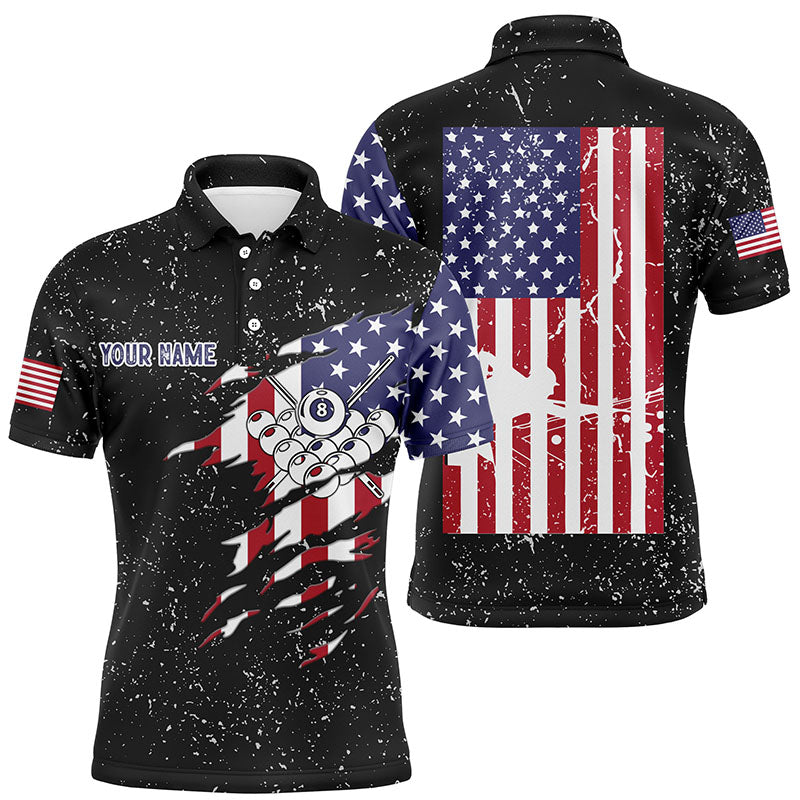 Personalized Billiard Balls US Flag Black Grunge Polo Shirts For Men, Custom Billiard Pool Shirts VHM0093