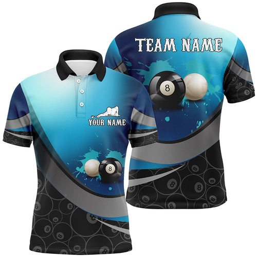 Personalized 8 Ball And Cue Ball Pool Blue 3D Polo Shirts For Men, Custom Name Billiards Jerseys VHM0314