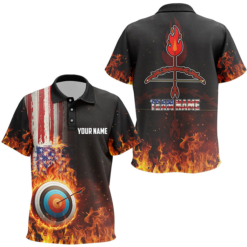 Personalized US Flag Flaming Target Archery 3D Polo Shirts For Kids, Fire Bow Arrow Archery Jerseys VHM0989