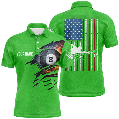 Personalized Billiards Green American Flag Polo Shirts For Men, Custom 8 Ball Pool Billiards Shirts VHM0101