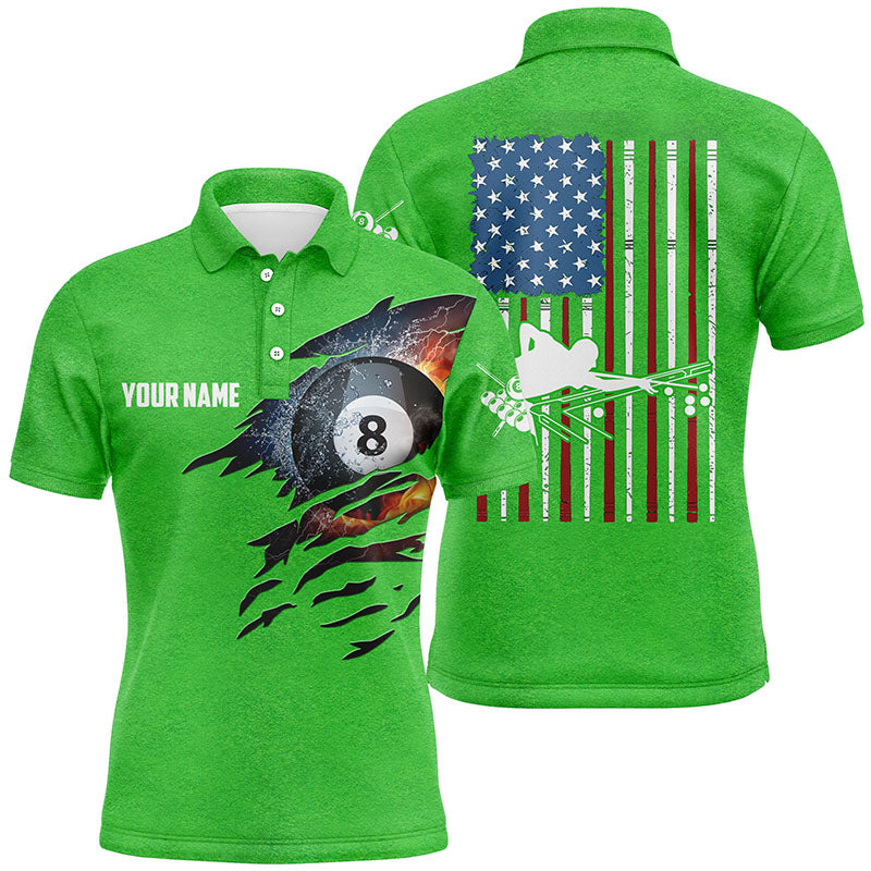 Personalized Billiards Green American Flag Polo Shirts For Men, Custom 8 Ball Pool Billiards Shirts VHM0101