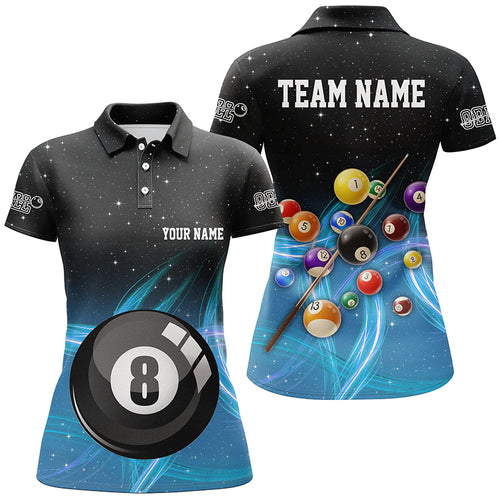 Personalized Blue Gradient 8 Ball Billiard 3D Polo Shirts For Women, Custom 8 Ball Pool Team Jerseys VHM1060