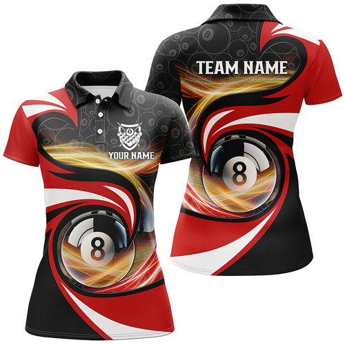 Personalized Style Red 8 Ball Billiard 3D Polo Shirts For Women, Custom 8 Ball Pool Team Jerseys VHM1063
