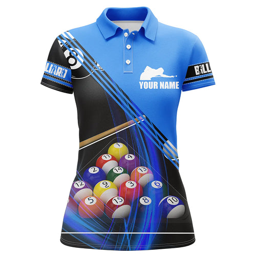 Personalized Billiard Balls 3D Polo Shirts For Women, Blue Custom Player Billiards Pool Shirts VHM0128