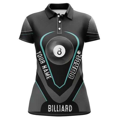 Personalized Style Black Blue 8 Ball Billiard 3D Polo Shirts For Women, Custom 8 Ball Pool Jerseys VHM1065