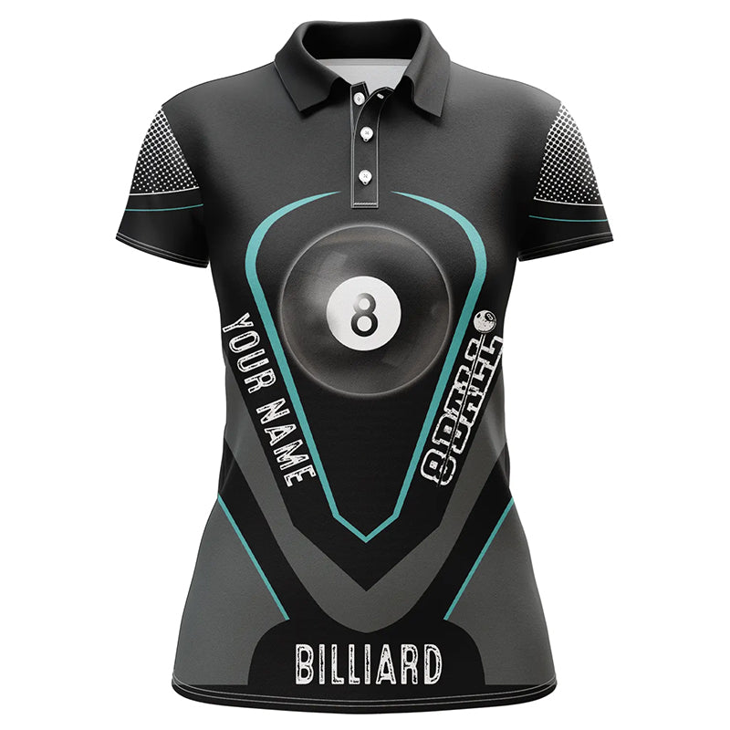 Personalized Style Black Blue 8 Ball Billiard 3D Polo Shirts For Women, Custom 8 Ball Pool Jerseys VHM1065