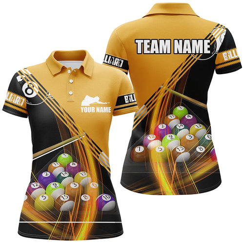 Personalized Billiard Balls Yellow 3D Polo Shirts For Women, Custom Player Billiards Pool Jerseys VHM0155