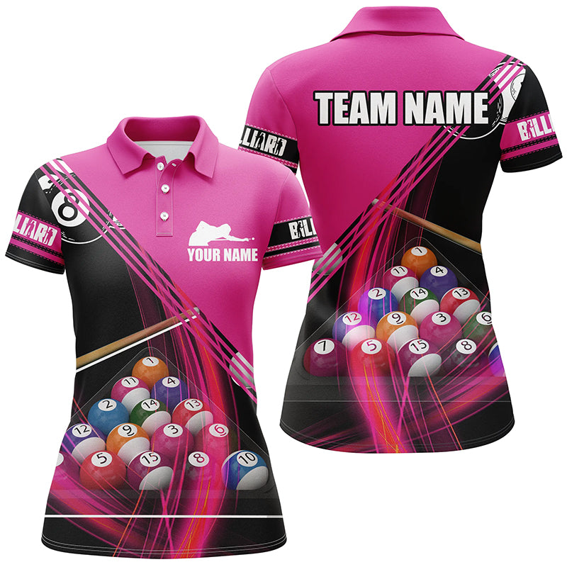 Personalized Billiard Balls Pink 3D Polo Shirts For Women, Custom Player Billiards Pool Jerseys VHM0158