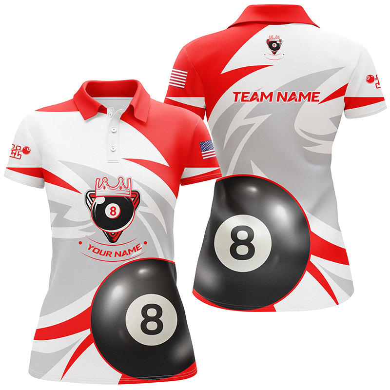 Personalized US Flag 8 Ball Pool Red White Billiard Polo Shirts For Women, Billiards Team Shirts VHM0590