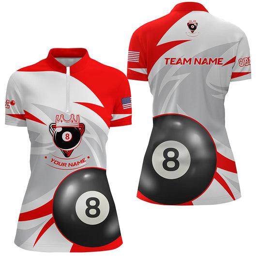 Personalized US Flag 8 Ball Red White Billiard Quarter-Zip Shirts For Women, Billiards Team Shirts VHM0590