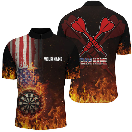 Personalized US Flag Fire Dartboard Dart 3D Quarter-Zip Shirts For Men, Patriotic Mens Dart Jerseys VHM1079