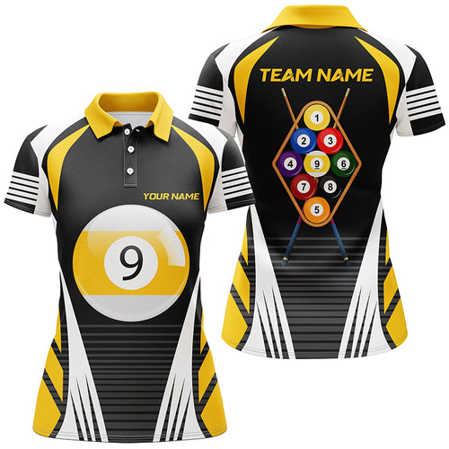 Personalized Yellow White 9 Ball Pool 3D Polo Shirts For Women, Custom 9 Ball Team Billiard Jerseys VHM0597
