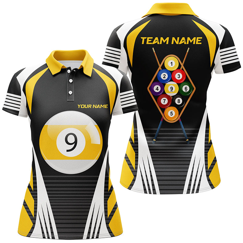 Personalized Yellow White 9 Ball Pool 3D Polo Shirts For Women, Custom 9 Ball Team Billiard Jerseys VHM0597