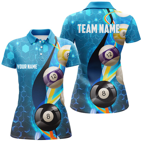 Personalized Billiard Balls Blue 3D Polo Shirts For Women, Custom Name Pool Billiard Jerseys VHM0168