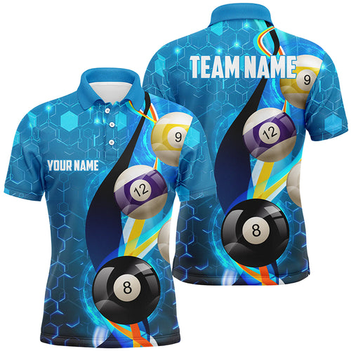 Personalized Billiard Balls Blue 3D Polo Shirts For Men, Custom Name Pool Billiard Jerseys VHM0168