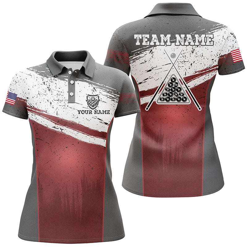 Personalized US Flag 8 Ball Pool Polo Shirts For Women, Custom Red Grunge Billiard Balls Jerseys VHM0780