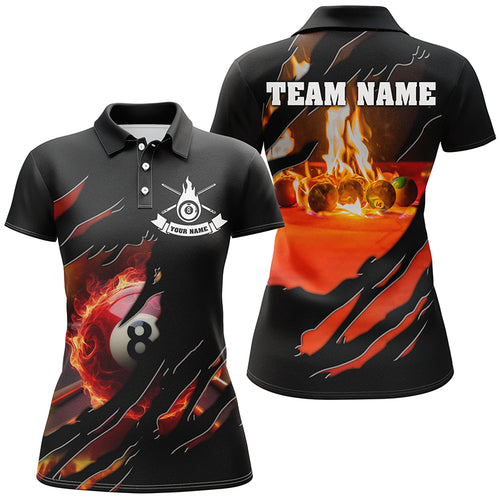 Personalized Fire 8 Ball Pool Polo Shirts For Women, Custom 3D Flame Billiard Balls Team Jerseys VHM0785