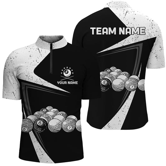 Personalized Black White Grunge Billiard Balls Quarter-Zip Shirts For Men, 8 Ball Pool Team Shirts VHM0787