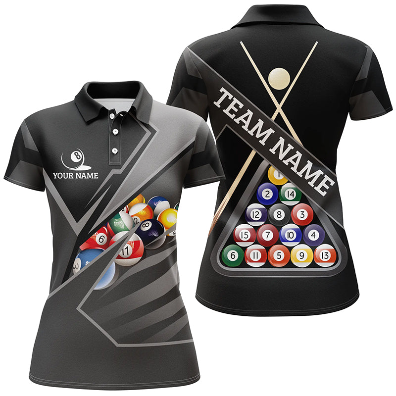 Personalized 3D Billiard Balls Black Polo Shirts For Women, Custom Name 8 Ball Pool Jerseys VHM0191