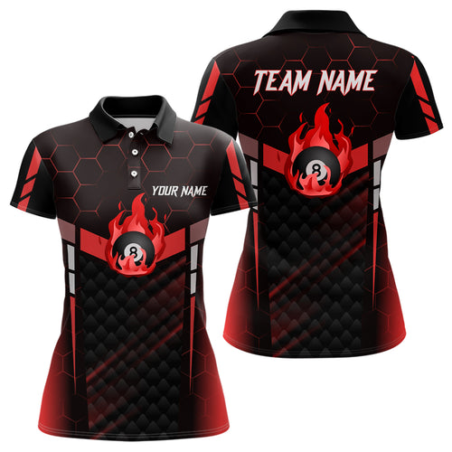 Personalized Red Fire 8 Ball Billiard 3D Polo Shirts For Women, Custom 8 Ball Pool Team Jerseys VHM1018