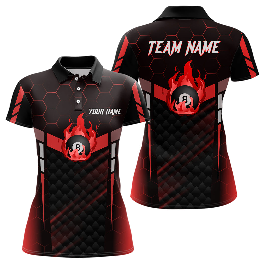Personalized Red Fire 8 Ball Billiard 3D Polo Shirts For Women, Custom 8 Ball Pool Team Jerseys VHM1018