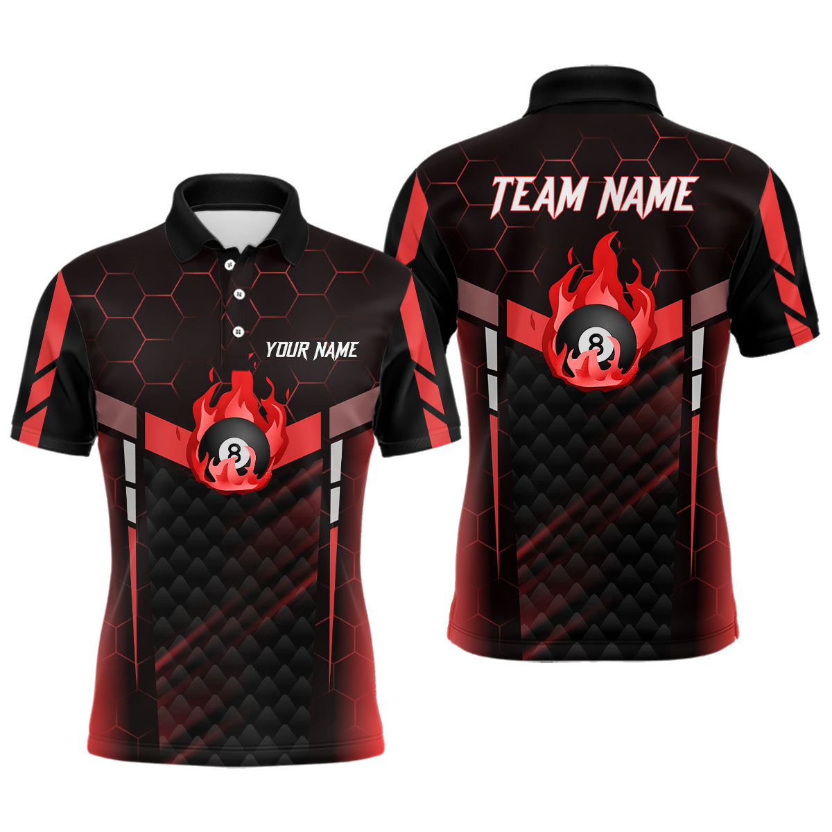 Personalized Red Fire 8 Ball Billiard 3D Polo Shirts For Men, Custom 8 Ball Pool Team Jerseys VHM1018