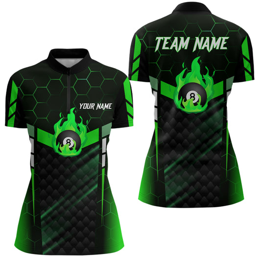 Personalized Green Fire 8 Ball Billiard 3D Quarter-Zip Shirts For Women, 8 Ball Pool Team Jerseys VHM1019
